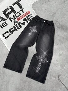 SHEIN 青少年男孩 Bolty 时尚休闲 Y2k 复古酷炫街头黑色牛仔闪亮十字水钻设计宽松舒适牛仔裤，适合日常穿着、秋冬季节、锐舞节和街头服饰。 - 黑色 - 查看 6