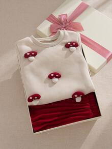 Souflis 2025秋冬法式复古两件套-红色蘑菇图案上衣&红色百褶裙，女婴 - 杏色 - 查看 10