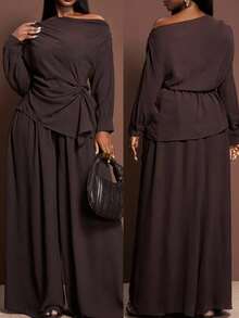 Veslaya 2025秋冬大码女装套装，优雅不对称肩部褶皱腰身长袖上衣搭配阔腿裤，适合乡村音乐会、婚礼、约会、正式场合等场合。 - 棕色 - 查看 2