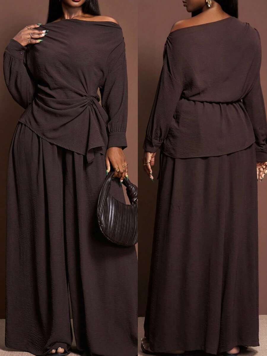 Veslaya 2025秋冬大码女装套装，优雅不对称肩部褶皱腰身长袖上衣搭配阔腿裤，适合乡村音乐会、婚礼、约会、正式场合等场合。