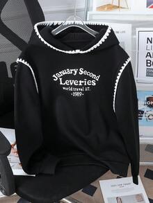 SHEIN 一件少女宽松英文印花卫衣，撞色滚边设计，适合秋冬季节、户外活动、上学、旅行、聚会、通勤等场合，必备套头衫。 - 黑色 - 查看 5
