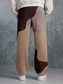 SUMWON Swirl Pattern Color Block Joggers With Drawstring Waist Relaxed Fit Casual Sweatpants For Winter Comfort - Chocolate Brown - View 5