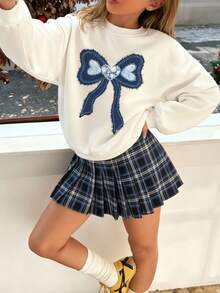 Sudadera de cuello redondo de manga larga, suelta y cómoda, de tela gruesa y suave, con estampado de lazo azul vaquero en un estilo minimalista casual para niñas preadolescentes, adecuada para el uso diario en otoño/invierno, temporada acogedora, atuendos de otoño e invierno, comodidad fácil, capas de otoño e invierno para niñas, ropa gráfica con lazo para niños, ropa de otoño e invierno, ropa nueva para el Año Nuevo, elegante otoño, moda de invierno, nuevo estilo