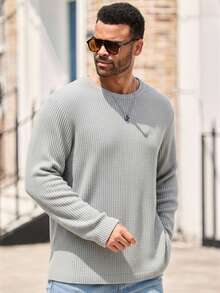 EASEVO 加大码男士纯色休闲圆领长袖T恤 - 淺灰色 - 查看 6