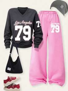 SHEIN Explorewe 2pcs/Set Girls Casual Fashion V-Neck 79 Los Angeles Graphic Sweatshirt & Wide Leg Pants, Autumn/Winter - Multicolor - View 5