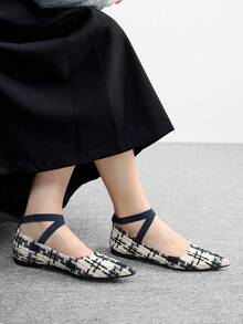 CUCCOO BIZCHIC 女士简约优雅尖头编织平底鞋，低粗跟，舒适交叉弹力带，百搭款式，宝石蓝