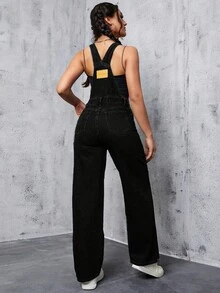 SHEIN EZwear 女士宽松口袋阔腿休闲牛仔连体裤 - 黑色 - 查看 7