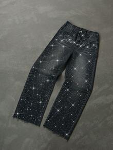 Teen Boy Fashion Casual Y2k Vintage Cool Street Returns To School College Basic Simple Comfortable Street Sparkling Letter Hot Diamond Design Denim Loose Jeans Soft Dailywear And Winter And Fall Rave Festival And Streetwear - Black - View 6