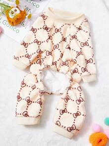 PETSIN 1 Piece Bow Polka Dot Printed Pet Jumpsuit Beige Autumn/Winter Flannel Warm And Comfortable Pet Warm Clothing - Multicolor - View 4