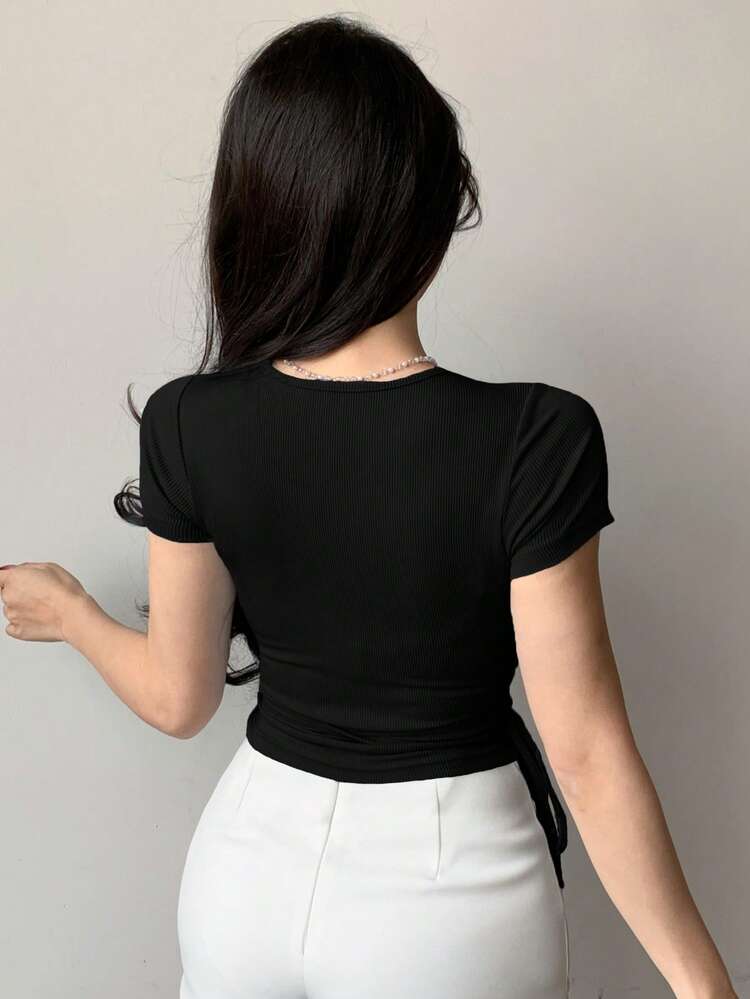 Women Hollow Out Drawstring Spaghetti Strap Short Sleeve T-Shirt Going Out Tops Summer,Crop Tops Women