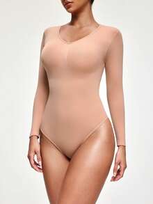 SHAPORA 女士纯色V领长袖连体衣 - 杏色 - 查看 5