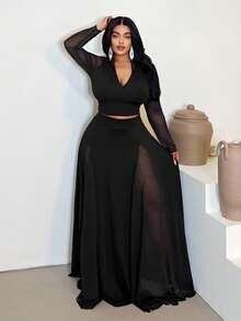 SHEIN PETITE CURVE Women's Elegant And Sophisticated Two-Piece Set For Spring And Autumn: A Black Deep-V Sheer Long-Sleeved Top And Black Midi Skirt, Plus-Size And Slimming Evening Wear. Perfect For Girls' Outings, Parties, Holidays, New Year's, Valentine's Day, And Summer.