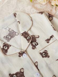 Sparklyn 2pcs Girls Beige Cute Bear Print Long Sleeve Cardigan And Pants Set, Casual And Comfortable Loungewear Bear Pajamas - Apricot - View 5