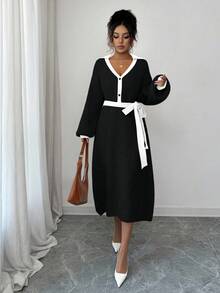 Elenzga 女士复古法式撞色领口收腰灯笼袖优雅POLO领针织中长款毛衣连衣裙 - 黑色 - 查看 6