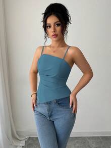 Elenzga Elegante y lindo top de mujer con diseño plisado - Azul - Ver 4