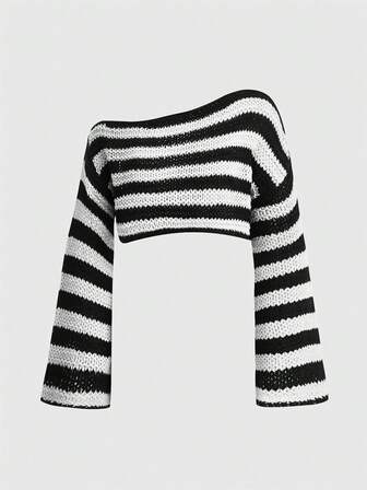 Goth كنزة صوفية قصيرة مقلمة ذات ياقة غير متماثلة، خريفية