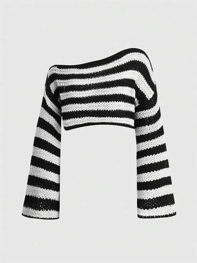 Goth Suéter corto a rayas con cuello asimétrico, informal, de otoño