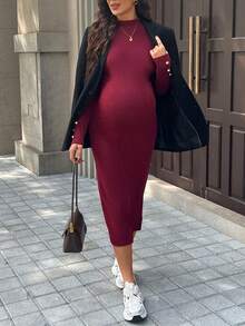 SHEIN 舒适的孕妇针织连衣裙 - 酒紅色 - 查看 6