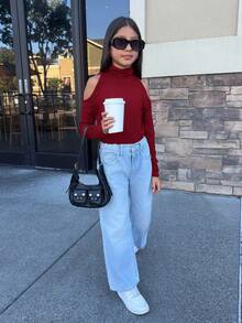 Firerie Kids Firerie Kids Tween Girls' Casual Solid Color Hollow Out Long Sleeve Snug Fit T-Shirt, Spring & Autumn - Burgundy - View 3