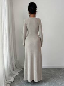 SHEIN PETITE 女士优雅V领褶皱扭结裹身修身高开衩罗纹仿皮草长裙，杏色，秋冬款 - 杏色 - 查看 2