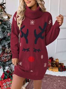 EMERY ROSE 超大圣诞驯鹿图案立领灯笼袖休闲中长毛衣连衣裙，时尚设计，适合秋冬季 - 紫紅色 - 查看 6