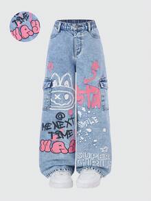 SHEIN ChillGRL 女童时尚甜心刺绣直筒宽松牛仔裤 - 藍色 - 查看 4