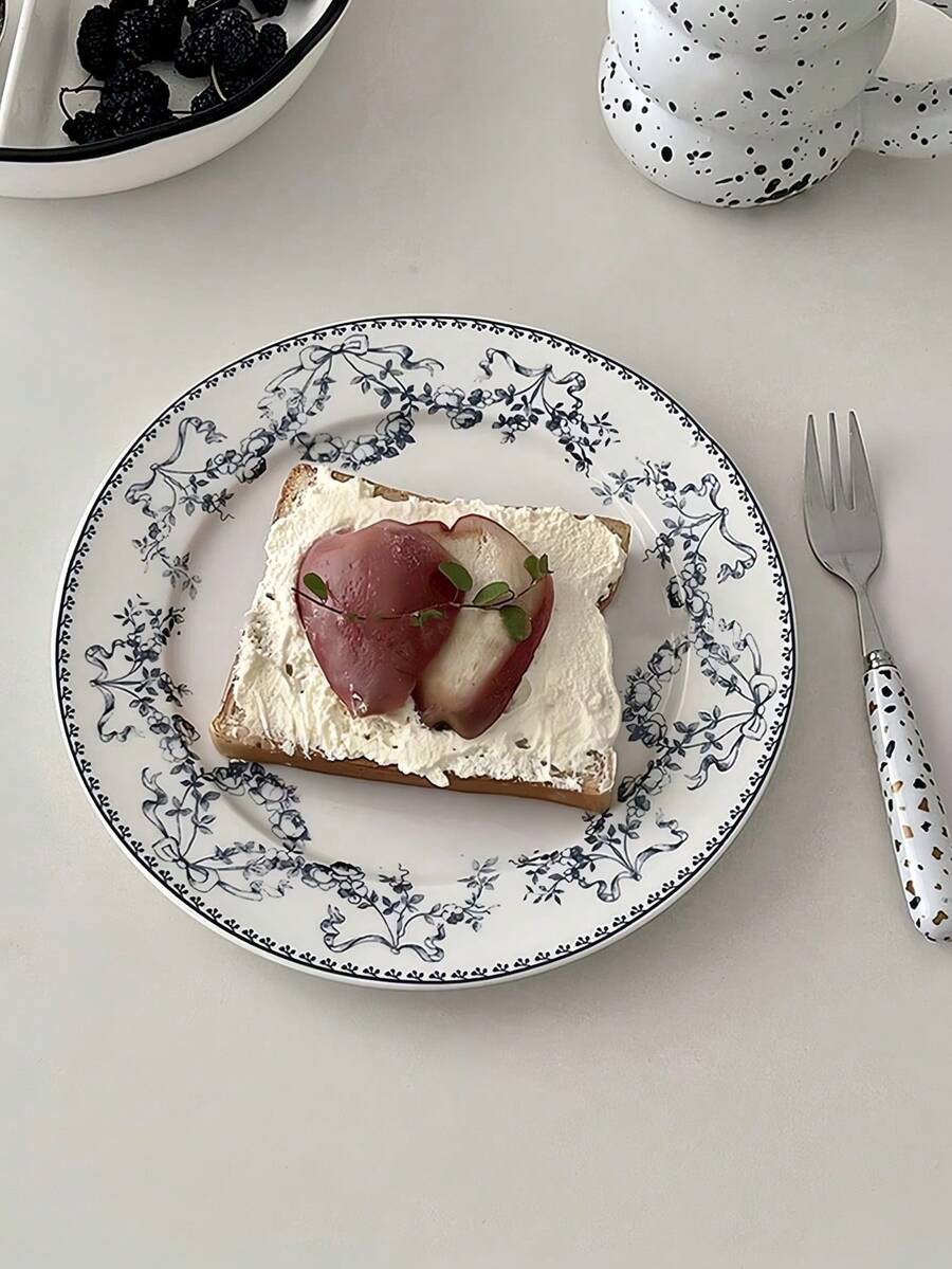 American Retro Fresh Blue Antique Ceramic Dessert Round Household Steak Dinner Plate Rose Delicate Breakfast Plate Christmas Gift - White - View 1