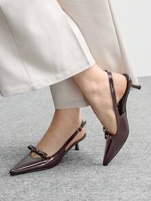 CUCCOO BIZCHIC 女士优雅时尚咖啡色PU尖头蝴蝶结镂空细高跟凉鞋 - 咖啡棕 - 查看 3