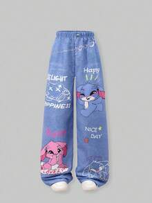 SHEIN ChillGRL 少女街头风卡通印花休闲长裤 2025开学季儿童学院校园运动服 2025开学季儿童学院校园运动服