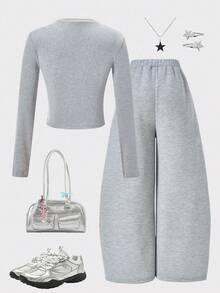 SHEIN ChillGRL 2 件套青少年女孩街头风格短款长袖圆领 T 恤搭配撞色饰边喇叭裤，适合日常、休闲、旅行、聚会、街头风格 - 灰色 - 查看 2