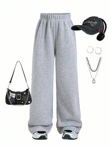 ChillGRL 1 件 Tween Girl 宽松灰色保暖内衬阔腿休闲运动裤，秋冬款