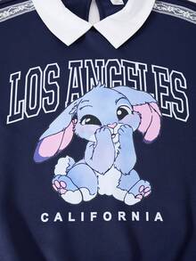 SHEIN ChillGRL Casuvi 儿童女童两件套：圆领长袖 T 恤，蕾丝花边装饰和卡通印花，针织阔腿裤，蕾丝花边和图案印花，适合春秋季休闲、返校、运动、度假 - 藏蓝色 - 查看 8