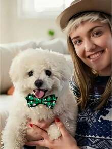 1 pieza Collar navideño para mascotas con patrón de copos de nieve, banda ajustable para el cuello de mascotas, accesorios festivos navideños para mascotas pequeñas, medianas y grandes, para sesión de fotos en fiesta de Navidad - Verde - Ver 5