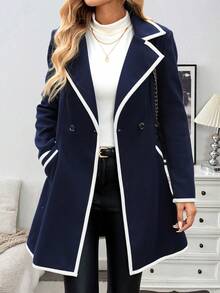 EMERY ROSE 女士优雅休闲通勤黑白拼接长款羊毛混纺大衣 - 寶藍色 - 查看 6