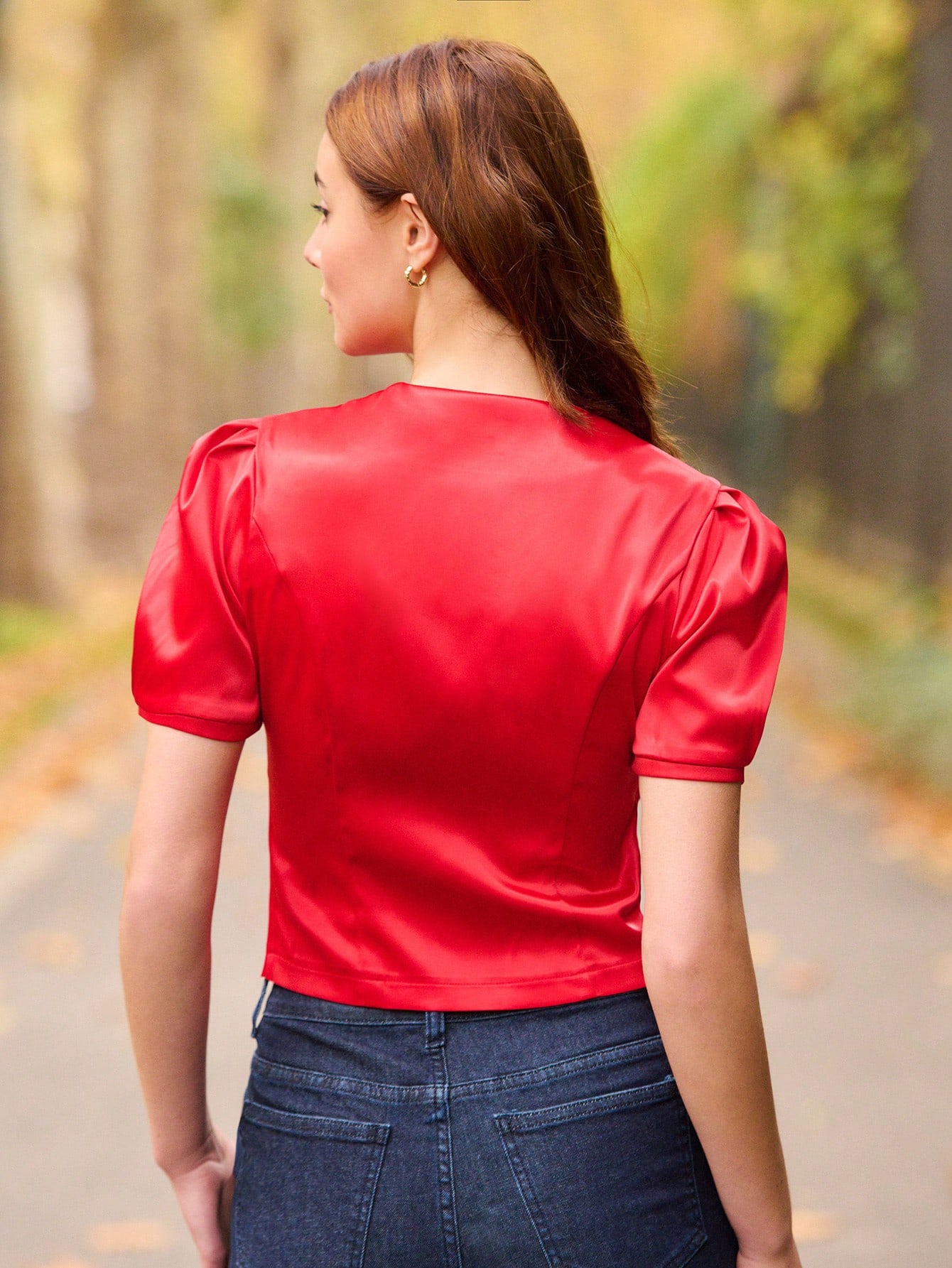 Red Satin Puff Sleeve Button Front Blouse Vintage Cute Style Party Winter Summer Going Out Spring Summer