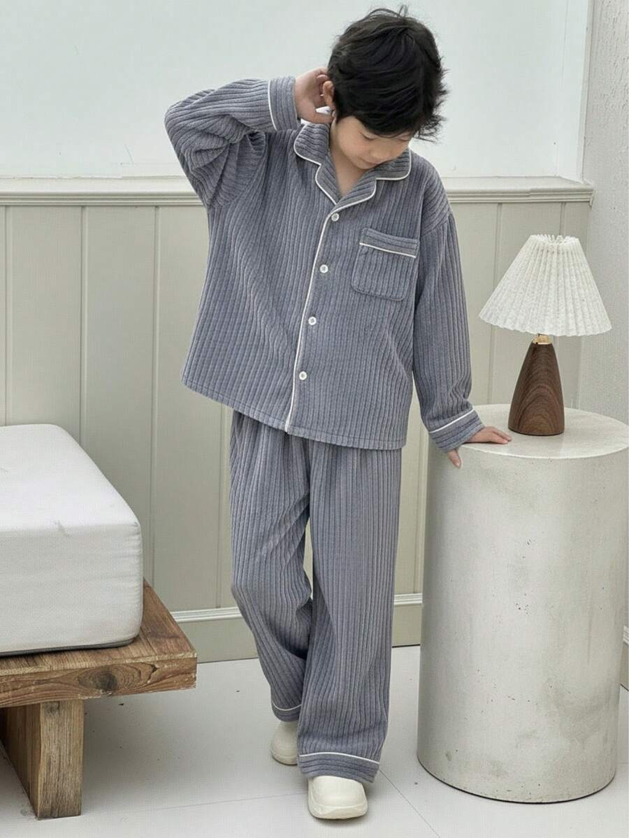 2 件套青少年男童海军蓝毛绒领开衫和裤子舒适家居服套装 - 深灰色 - 查看 1