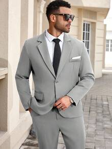 Manfinity Mode Plus Size Men's Business Commuter Suit Set(Blazer & Pants)Grey Suits For Men Slim Fit Wedding Classy Clothes Elegant Outfit, Formal, Ceremony - Light Grey - View 3