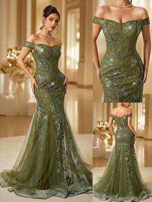 Coutiva 秋冬季优雅奢华亮片串珠露肩露背美人鱼裙摆拼接三角网纱设计正式晚礼服，适合婚礼宾客、毕业典礼、婚礼、派对等场合穿着。 - 墨綠色 - 查看 6