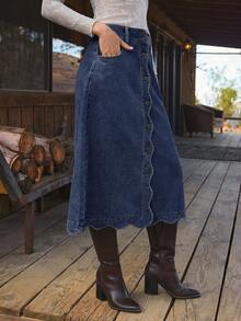 WESTFADE High Waist Scalloped Button Front Cotton Blend Denim A Line Midi Skirt Cute Fall , Casual, Autumn, Winter, Boho, Western Wear For Women, Country Concert - Dark Wash - View 4
