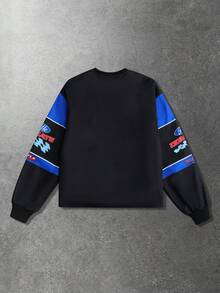 ROMWE MEN Street Life 男士休闲撞色字母图案运动卫衣，秋季款 - 藍色 - 查看 2