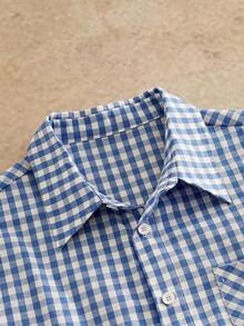 HIMLAND 男士休闲格子字母印花前扣短袖衬衫，夏季 - 藍色 - 查看 6