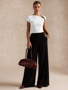 SHEIN BAE Áo thun nữ cổ tròn xếp ly kim loại màu trơn thời trang không đối xứng - trắng - Xem 5