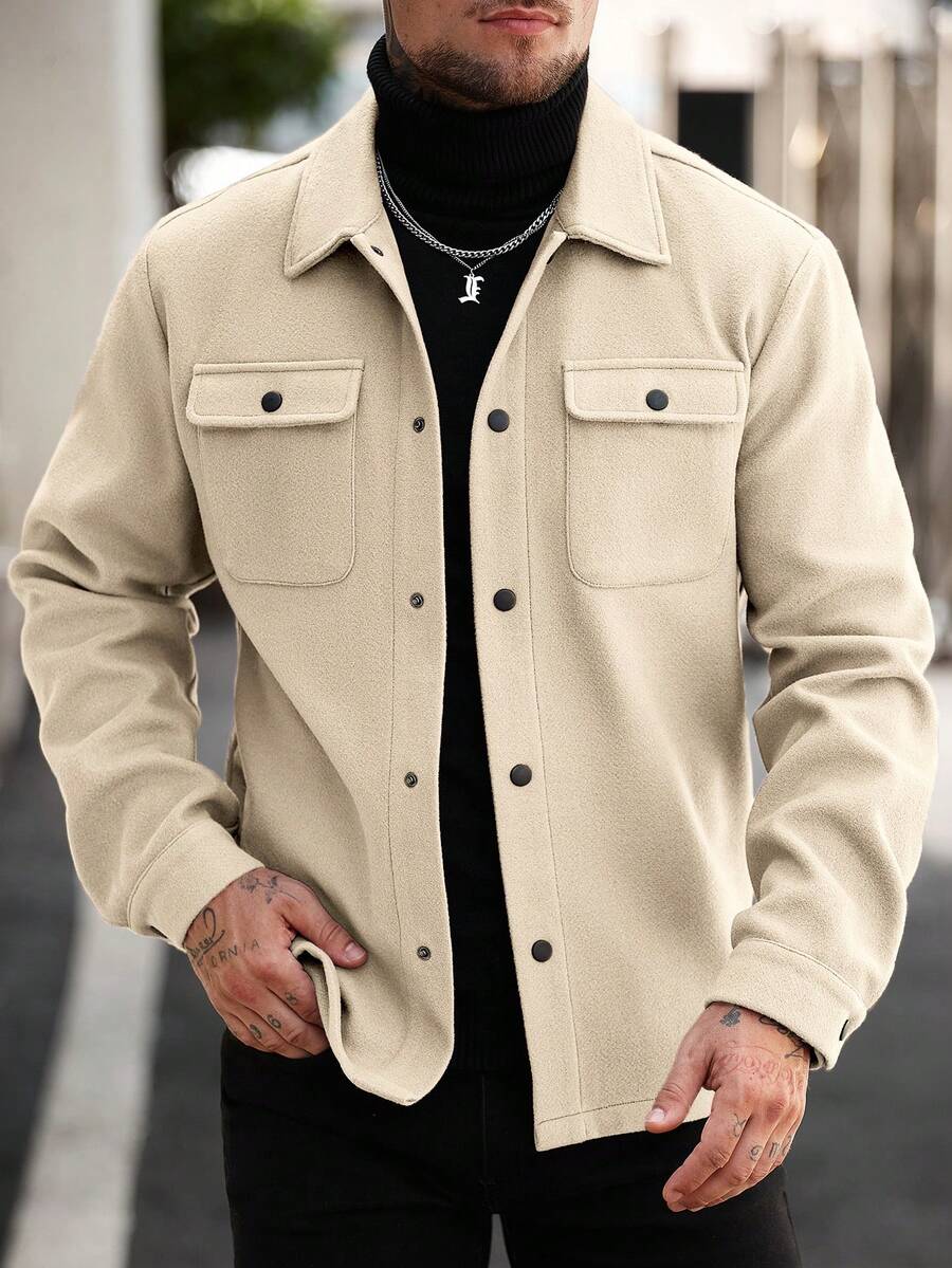 Manfinity Homme 男士纯色常规肩宽长袖前开襟羊毛混纺休闲外套 - 杏色 - 查看 1