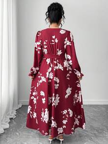 Vestido largo de línea A con cuello en V, mangas farol y cintura marcada, para mujer talla grande, para otoño e invierno - Multicolor - Ver 2