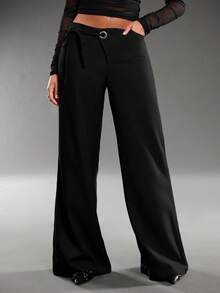 Normani Quần ống rộng ống rộng màu xám trơn, thường ngày, đi làm, giải trí, thường ngày, quần ống rộng có dây rút trang trí eo - màu đen - Xem 1