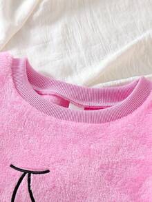 Girls'Pink Long Sleeve & Pants Pajama Set,Cute Sweet Autumn Nighties,Cozy Flannel Fabric,Cherry Embroidery & Print,Fitted Lounge Set For Everyday Wear - Pink - View 3