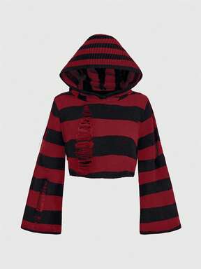 Grunge Punk Plus Size Punk Style Hooded Distressed Black & Gray Striped Cropped Sweater