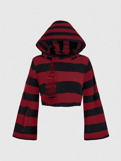 Grunge Punk Plus Size Punk Style Hooded Distressed Black & Gray Striped Cropped Sweater