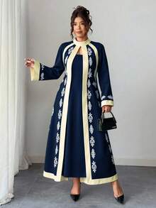 Rometta 大码女式优雅度假风印花高领喇叭袖修身连衣裙（忧郁气质）（周三美学） - 彩色 - 查看 5