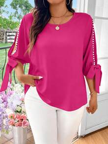 EMERY ROSE 大码女式纯色梭织露肩珍珠系带优雅休闲衬衫 - 玫紅色 - 查看 5